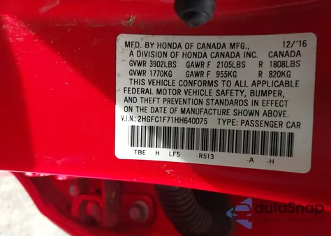 2017 Honda Civic Ex-L из США, поврежденный, VIN 2HGFC1F71HH640075